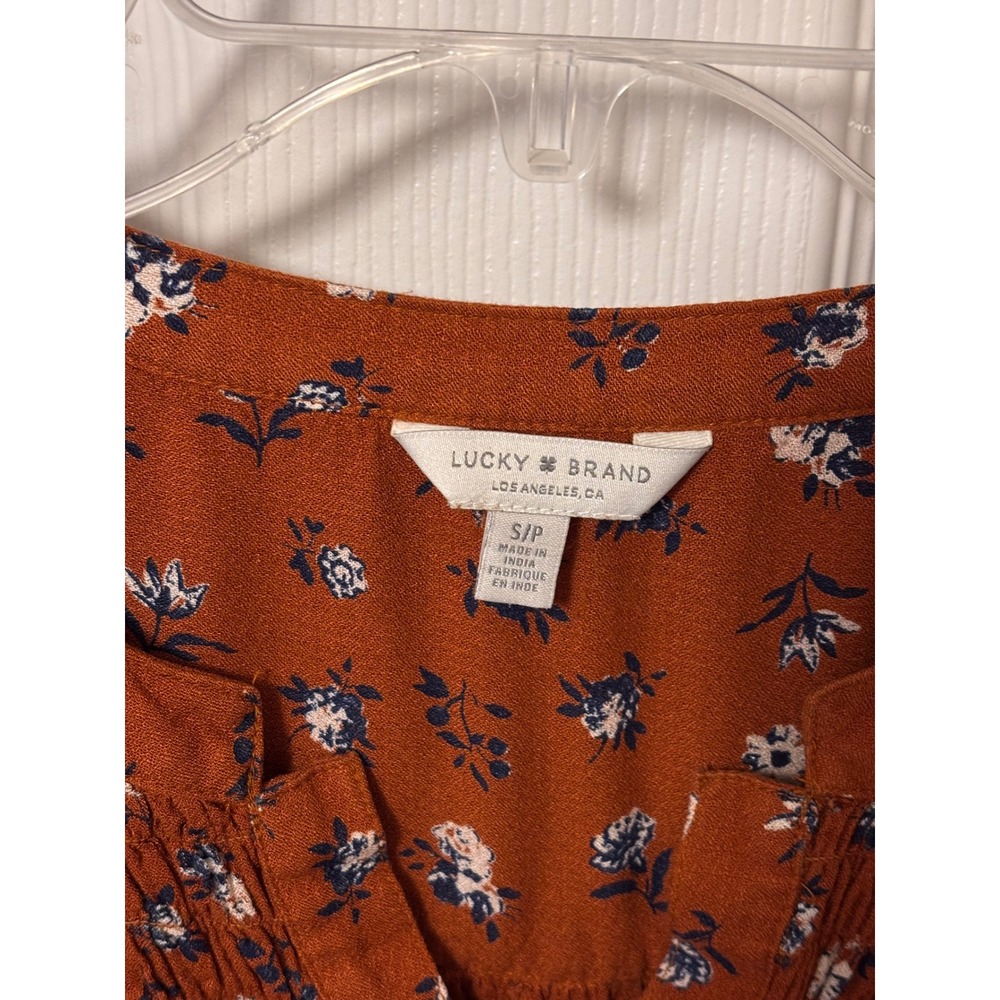 Lucky Brand Rust Orange Floral Smocked Peasant Top Long Sleeve Blouse Small - Picture 3 of 5